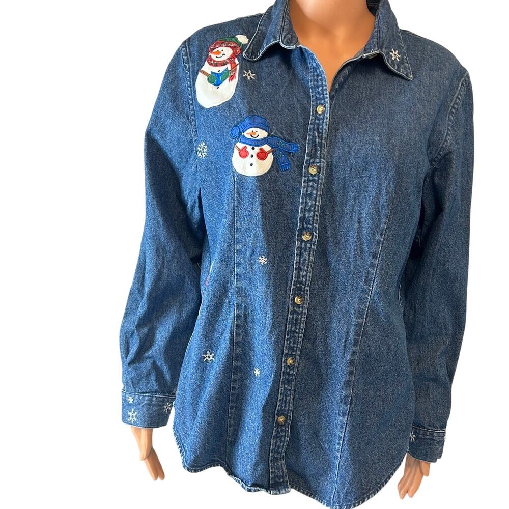 Westbound Vintage Embroidered Snowman Denim Christmas shirt sz L